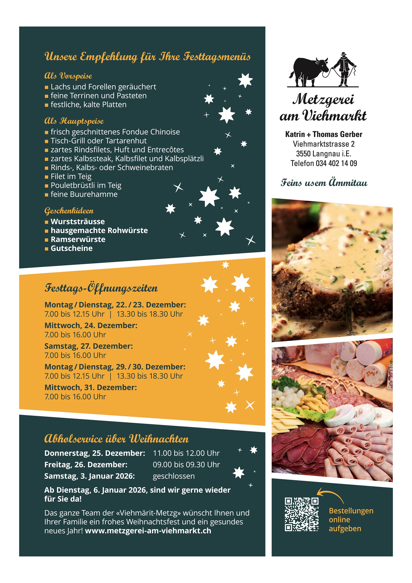 Plakat Festtagsmenues Oeffnungszeiten 2025